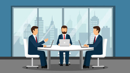 Business meeting scene in modern office with professionals discussing strategy and ideas