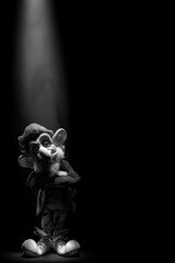 Caricature de gnome de No&euml;l en noir et blanc sous un faisceau de lumi&egrave;re sur fond sombre avec espace n&eacute;gatif copyspace pour f&ecirc;tes de No&euml;l, saison hivernale et visuels humoristiques