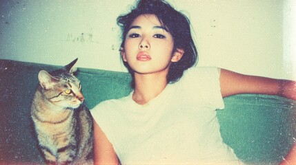 Young woman relaxed on couch with cat in cozy indoor setting