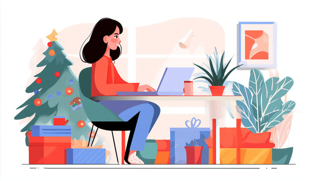 Jeune femme en t&eacute;l&eacute;travail &agrave; domicile sur ordinateur portable entour&eacute;e de cadeaux et sapin d&eacute;cor&eacute; pendant no&euml;l et les f&ecirc;tes de fin d&rsquo;ann&eacute;e pour travail en ligne, commerce et communication d&rsquo;entreprise