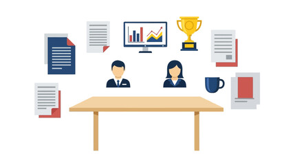 Flat design office workspace with documents, charts, and trophy