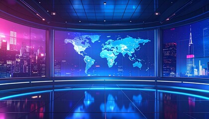 Fototapeta premium Modern global news studio with digital world map background perfect for news broadcast background, virtual event stage