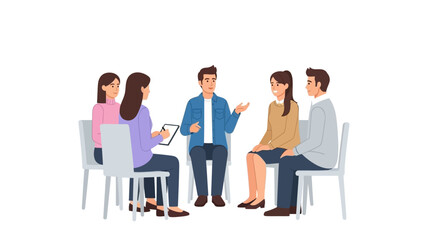 Group therapy session discussion with diverse people in casual meeting setup