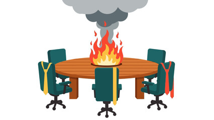 Office crisis concept with burning table and empty chairs