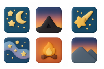 Night camping icons set with tent, campfire, and starry sky for adventure and nature apps or designs