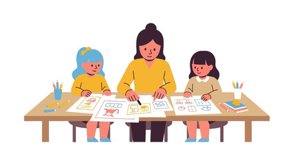 Creative art class with kids drawing at a table in flat style