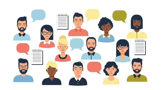 Diverse group of people with speech bubbles engaging in communication and collaboration