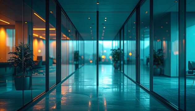 Modern office interior with glass doors and blurred background in dark teal tones, creating atmospheric corporate environment with evening lighting and empty hallway