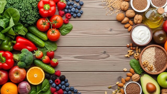 Variety of healthy fresh food frame with copy space on rustic wood