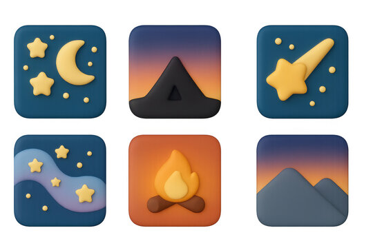 Night camping icons set with tent, campfire, and starry sky for adventure and nature apps or designs