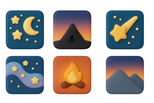 Night camping icons set with tent, campfire, and starry sky for adventure and nature apps or designs - Powered by Adobe