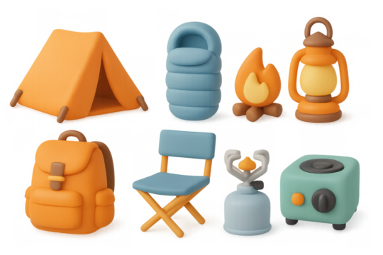 Essential camping gear icons collection for outdoor adventure design