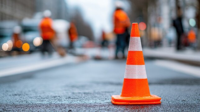 Construction workers repair a busy city street in the afternoon while using safety cones to direct traffic