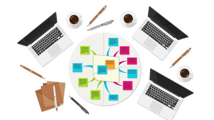 Collaborative office workspace with laptops and mind map diagram for creative planning