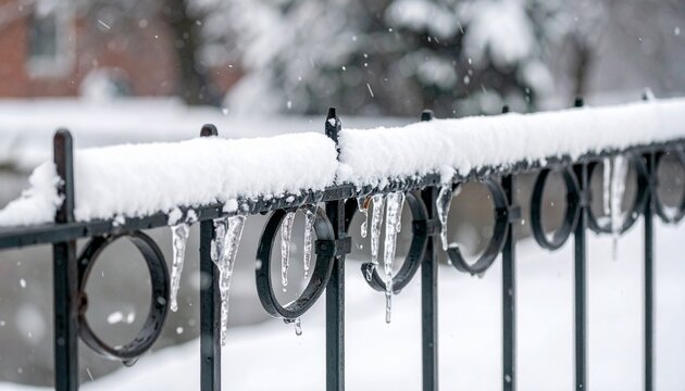 Snow falling on a metal fence with icicles during winter - Powered by Adobe