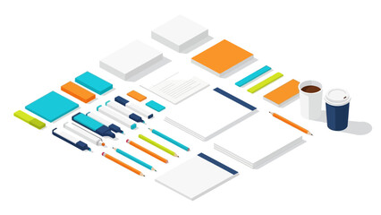 Office supplies icon set with isometric view in bright colors