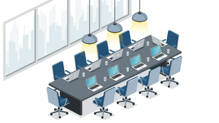 Modern isometric office meeting room with laptops and ergonomic chairs