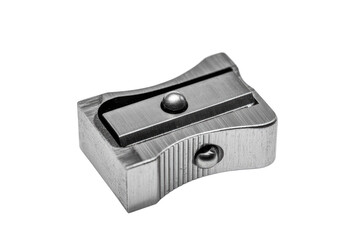 A classic silver metal pencil sharpener, featuring a sharp blade and a single conical hole, isolated on a solid transparent background. background removed