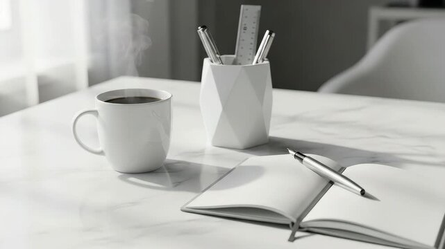 Minimalist desk setup with steaming coffee mug open notebook and pen on marble surface modern office