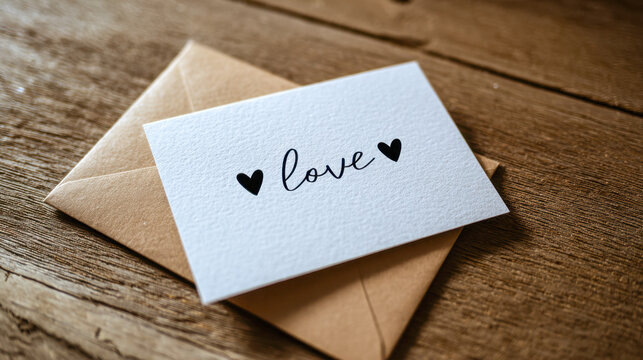 A simple white greeting card with the word love and heart symbols resting on a rustic wooden surface alongside a brown kraft paper envelope for heartfelt messages