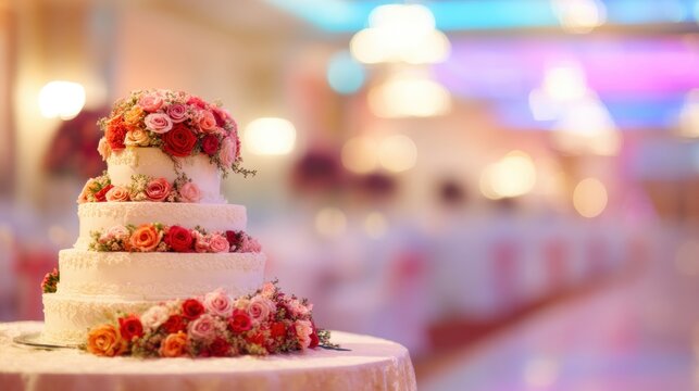 Beautiful wedding cake adorned with colorful flowers in a grand venue