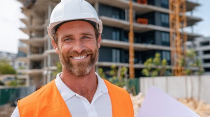 Construction worker smiles at building site on a sunny day