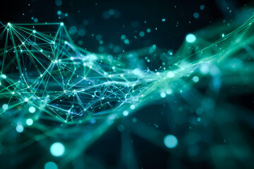 Abstract digital network visualization with glowing interconnected nodes and dynamic light trails representing data flow and technology innovation in cyberspace