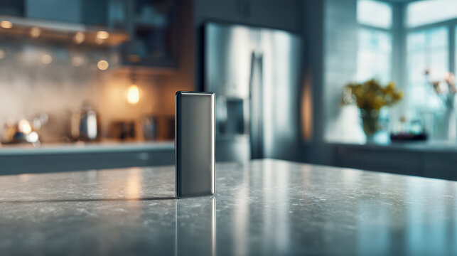 Sleek modern smartphone standing upright on a polished kitchen countertop with a blurred background of contemporary home appliances and natural light streaming in th - Powered by Adobe