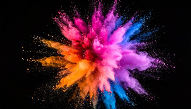 Colorful dust powder explosion, vibrant pigments, dynamic blast, black background, energy, motion, abstract, festive, celebration, party, Holi, color splash, artistic, vibrant particles, chaotic, text