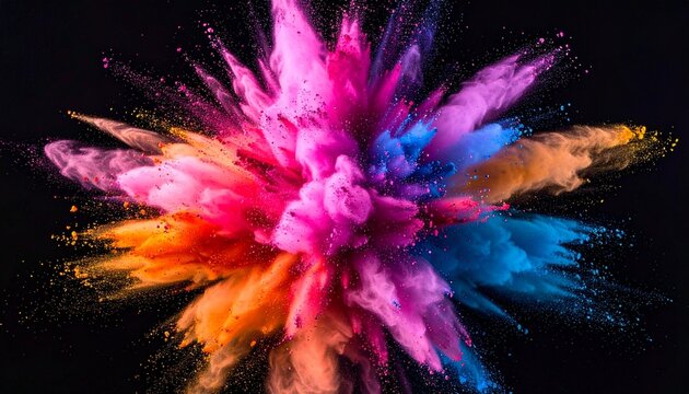 Colorful dust powder explosion, vibrant pigments, dynamic blast, black background, energy, motion, abstract, festive, celebration, party, Holi, color splash, artistic, vibrant particles, chaotic, text