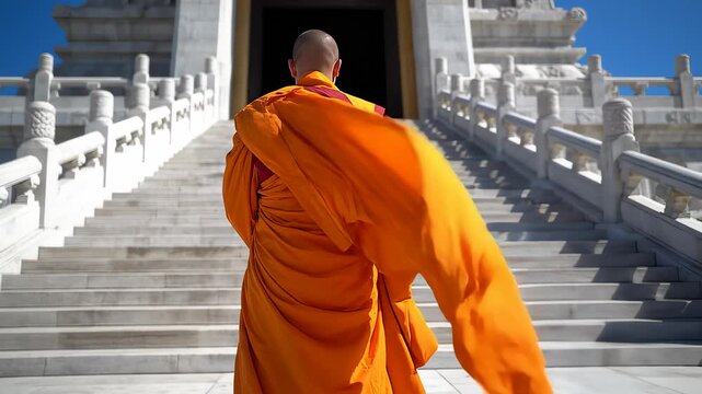 Buddhist Monk Walking Up Steps to Temple Wearing Bright Orange Robe