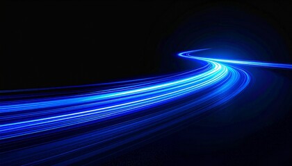 Curved motion streak with blue trail appears as a glowing line on black background, creating dynamic energy, smooth movement, abstract flow, modern style, and visually striking futuristic light effect