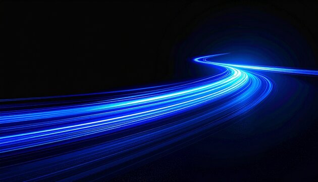 Curved motion streak with blue trail appears as a glowing line on black background, creating dynamic energy, smooth movement, abstract flow, modern style, and visually striking futuristic light effect