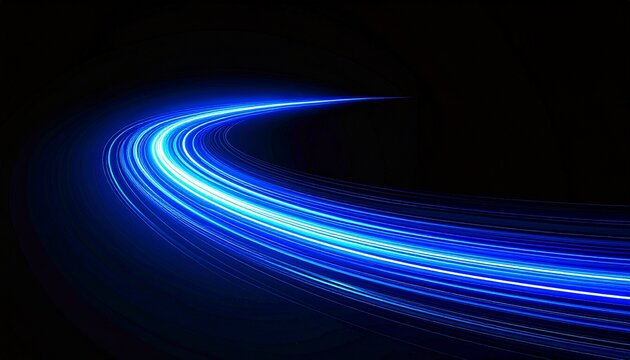 Curved motion streak with blue trail appears as a glowing line on black background, creating dynamic energy, smooth movement, abstract flow, modern style, and visually striking futuristic light effect