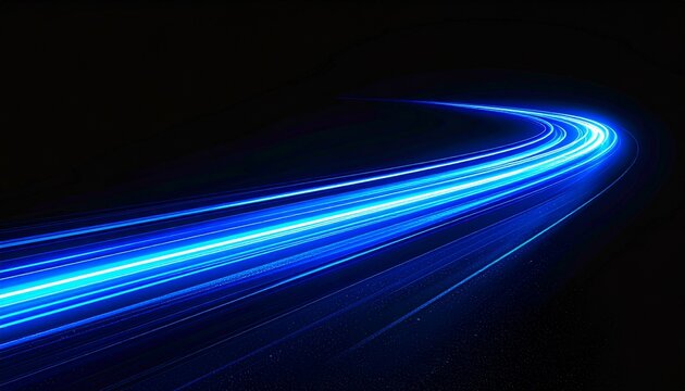 Curved motion streak with blue trail appears as a glowing line on black background, creating dynamic energy, smooth movement, abstract flow, modern style, and visually striking futuristic light effect