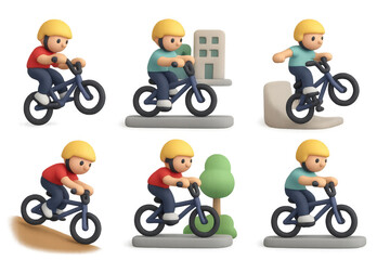 Fototapeta premium Bmx cycling icon set with cartoon characters for design and decoration