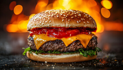 Juicy cheeseburger with melted cheese, ketchup, and fresh greens on a sesame seed bun