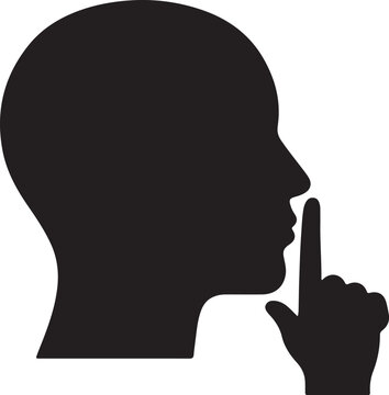 Shhh gesture icon with human head profile and finger on lips symbolizing silence, quiet, secret, privacy, or discretion