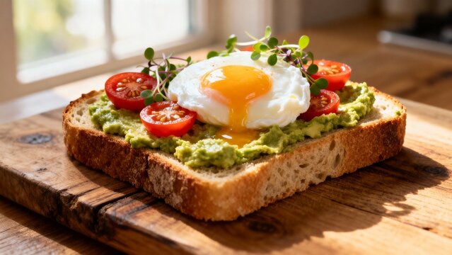 Elevate your mornings with this Instagram-famous avocado toast masterpiece, where ripe green avocado meets crusty sourdough, topped with a runny egg yolk