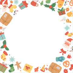 Winter border background template. Christmas ball, gift set.Happy New Year posters.Winter holiday greeting backgrounds.Christmas decoration frame.Santa Claus and gifts.