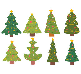Christmas tree set. New Year isolated fir trees with decoration.New Year isolated fir trees with decoration.Festive fir trees decorated for Christmas. Winter trees collection for holiday.