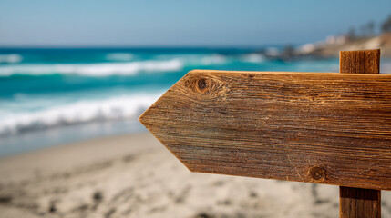 Weathered wooden directional signpost on a sandy beach with ocean waves and blue sky in the background creating a serene coastal atmosphere