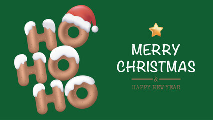 Merry Christmas and Happy New Year greeting card. Holiday banner design with Santa Claus hat and ho ho ho phrase with shiny 3d render font, minimalist festive invitation poster. Vector illustration.
