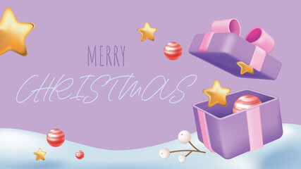 Merry Christmas and Happy New Year greeting card. Holiday banner design with open gift box and balls, berry, gold stars. Festive invitation poster with glossy 3d render effect. Vector illustration.