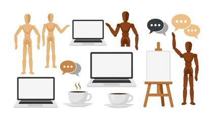 Wooden articulated figures with laptops, coffee, speech bubbles, and easel in flat design