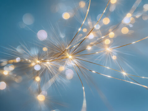 Delicate golden fibers illuminated with glowing light spots creating a dreamy and ethereal visual effect against a soft blue background in abstract style - Powered by Adobe