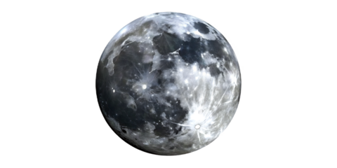Detailed full moon with craters and bright rays isolated on a transparent background