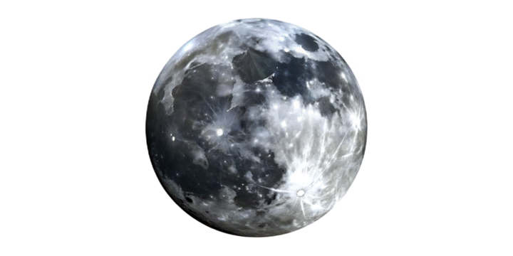 Detailed full moon with craters and bright rays isolated on a transparent background