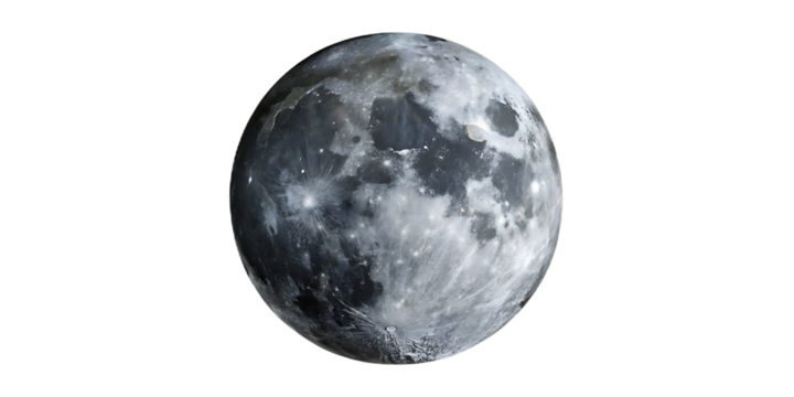 Detailed realistic moon surface with craters and maria isolated on a transparent background