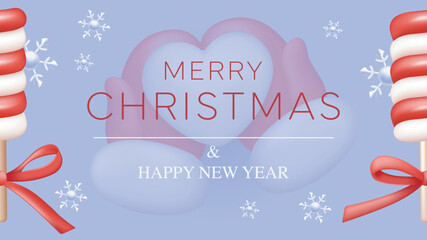 Merry Christmas and Happy New Year greeting card. Holiday banner design with Santa Claus mittens holds heart snowball, twisted lollipops with bows border and flying snowflakes. Vector illustration.